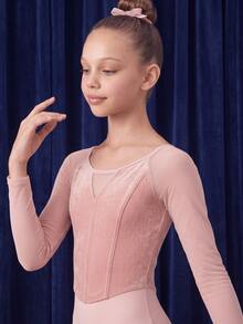 SHEIN Tween Girl Gymnastics Leotard, Fitted Long Sleeve High Elasticity Sports Gymnastics Outfit, Pink Velvet Fabric With High Elasticity Knit Patchwork, Suitable For Gymnastics Daily Training, Ballet, Performance And More, All Season Wear - Pink - View 3