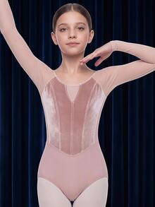 SHEIN Tween Girl Gymnastics Leotard, Fitted Long Sleeve High Elasticity Sports Gymnastics Outfit, Pink Velvet Fabric With High Elasticity Knit Patchwork, Suitable For Gymnastics Daily Training, Ballet, Performance And More, All Season Wear - Pink - View 2