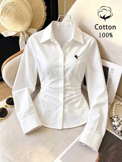 SHEIN EZwear Camisa de mujer estilo minimalista francés sexy casual con cuello, diseño bordado, blanco puro, vibra de chica universitaria, manga larga para principios de otoño, estilo hot girl, exquisita para ir al trabajo, vintage