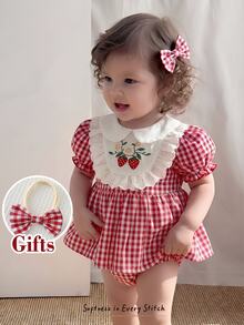 Cozy Pixies Newborn Baby Girl Summer Cute Red & White Plaid Strawberry Pattern Peter Pan Collar Romper With Headband - Multicolor - View 1