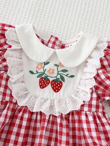 Cozy Pixies Newborn Baby Girl Summer Cute Red & White Plaid Strawberry Pattern Peter Pan Collar Romper With Headband - Multicolor - View 3