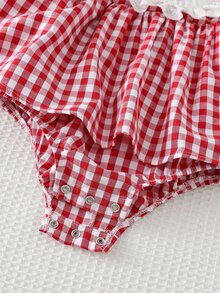 Cozy Pixies Newborn Baby Girl Summer Cute Red & White Plaid Strawberry Pattern Peter Pan Collar Romper With Headband - Multicolor - View 4