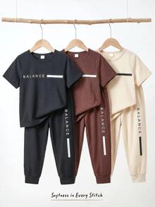Cozy Pixies 小男孩字母印花圓領短袖T恤與休閒長褲 3套6件組 - 藍色 - 查看 11
