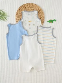 Cozy Pixies 4件套男婴卡通恐龙图案针织柔软圆领无袖连体衣和短裤套装 - 彩色 - 查看 2