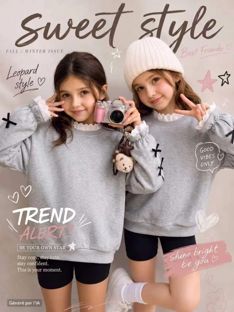 SHEIN Sparklyn Tween Girl Embroidered Sweatshirt, Vacation, Back To School, Fall, Winter - Grey - View 1