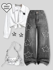 SHEIN Teen Girl Star Pattern Wide Leg Jeans - Grey - View 9