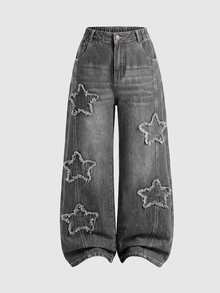 SHEIN Teen Girl Star Pattern Wide Leg Jeans - Grey - View 4