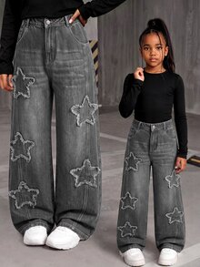 SHEIN Teen Girl Star Pattern Wide Leg Jeans - Grey - View 1