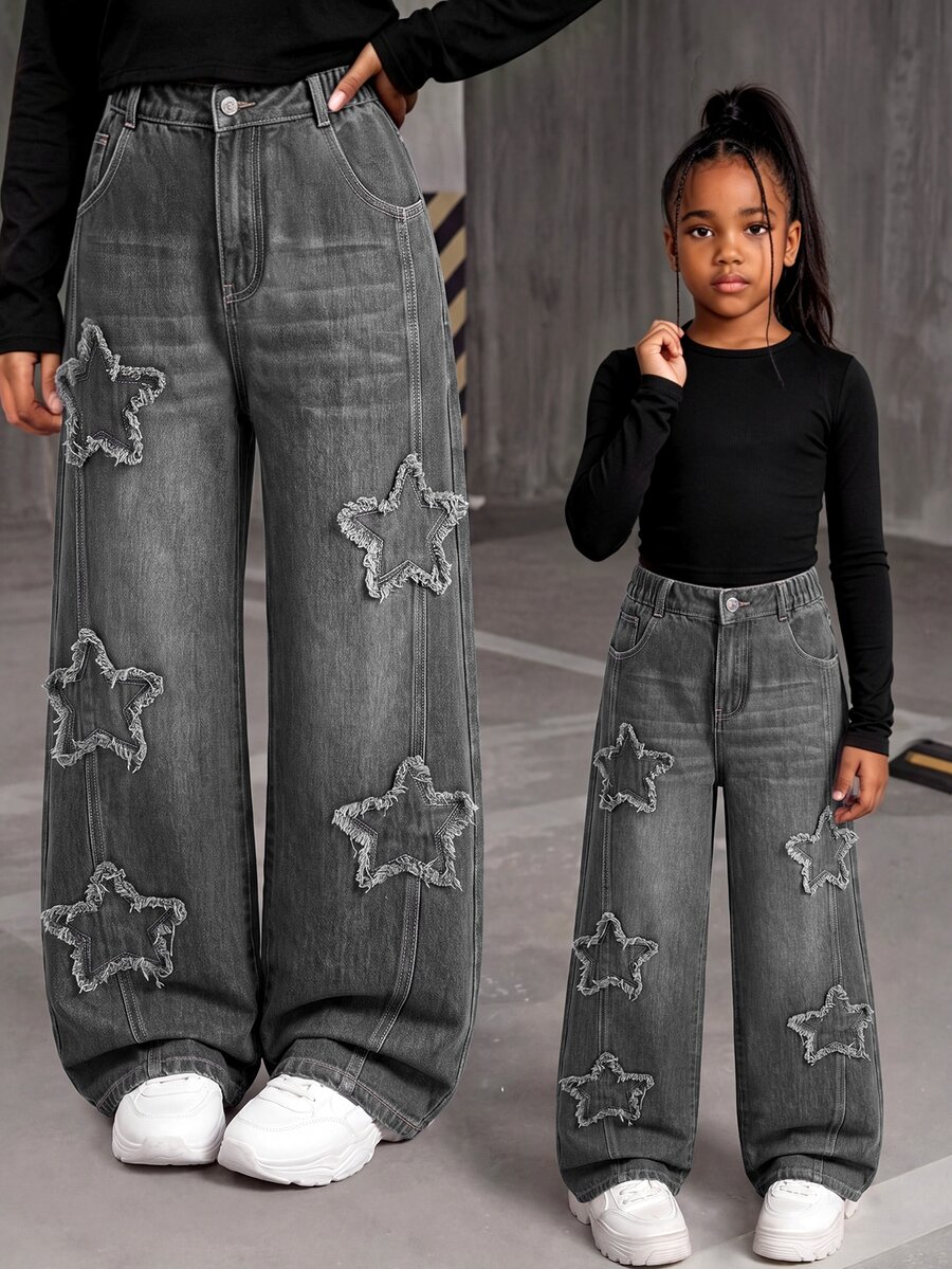 SHEIN Teen Girl Star Pattern Wide Leg Jeans - Grey - View 1