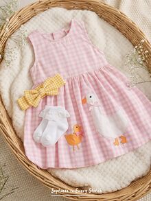 Cozy Pixies 女婴/幼儿格子卡通动物刺绣圆领无袖休闲连衣裙，百搭舒适，可爱甜美，卡通图案，童话风格，适合玩耍、居家、户外、日常穿着。 - 彩色 - 查看 1