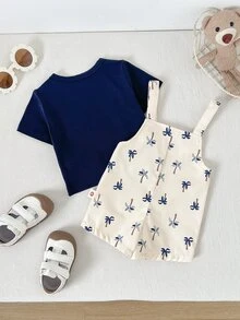 Cozy Pixies Newborn Baby Girl 2pcs Set Solid Color Knit Soft Crew Neck Short Sleeve Top And Floral Print Suspender Shorts Palm Tree Outfit Boy Clothes,Kids - Multicolor - View 2