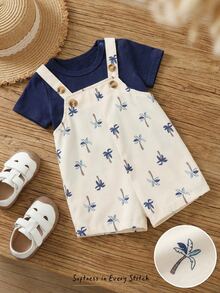 Cozy Pixies Newborn Baby Girl 2pcs Set Solid Color Knit Soft Crew Neck Short Sleeve Top And Floral Print Suspender Shorts Palm Tree Outfit Boy Clothes,Kids - Multicolor - View 7