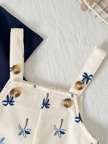 Cozy Pixies Newborn Baby Girl 2pcs Set Solid Color Knit Soft Crew Neck Short Sleeve Top And Floral Print Suspender Shorts Palm Tree Outfit Boy Clothes,Kids - Multicolor - View 3