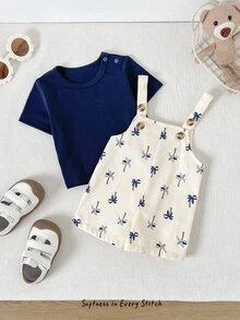 Cozy Pixies Newborn Baby Girl 2pcs Set Solid Color Knit Soft Crew Neck Short Sleeve Top And Floral Print Suspender Shorts Palm Tree Outfit Boy Clothes,Kids - Multicolor - View 5