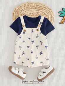 Cozy Pixies Newborn Baby Girl 2pcs Set Solid Color Knit Soft Crew Neck Short Sleeve Top And Floral Print Suspender Shorts Palm Tree Outfit Boy Clothes,Kids - Multicolor - View 6