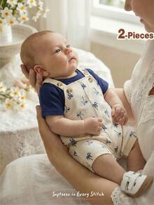 Cozy Pixies Newborn Baby Girl 2pcs Set Solid Color Knit Soft Crew Neck Short Sleeve Top And Floral Print Suspender Shorts Palm Tree Outfit Boy Clothes,Kids - Multicolor - View 1