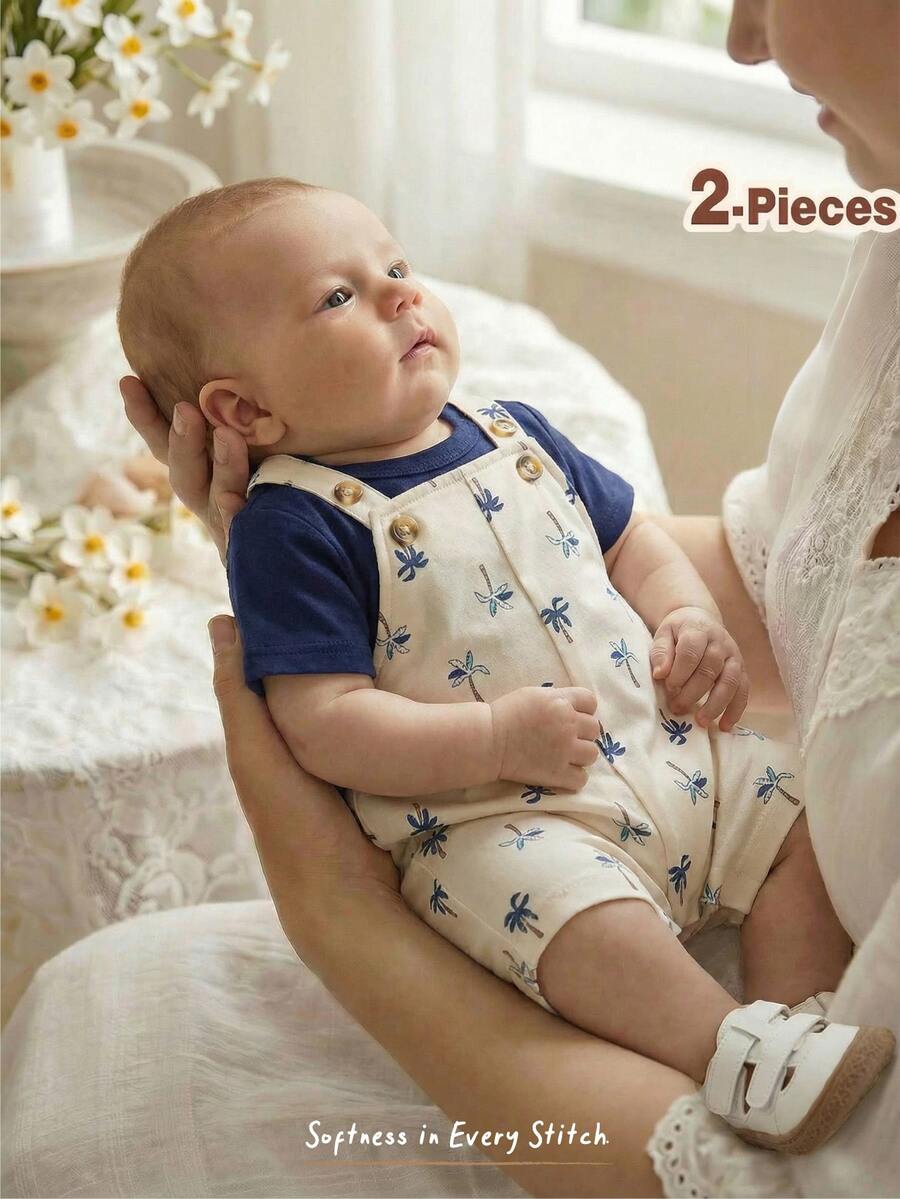 Cozy Pixies Newborn Baby Girl 2pcs Set Solid Color Knit Soft Crew Neck Short Sleeve Top And Floral Print Suspender Shorts Palm Tree Outfit Boy Clothes,Kids - Multicolor - View 1