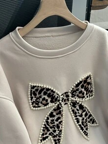 SHEIN Franclia Women's Holiday Vacation Leopard Print Bow Long Sleeve Casual Sweatshirt - Apricot - View 3