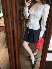 DAZY 女款白色方領花瓣袖鏤空刺繡蕾絲飾邊繫腰修身長袖襯衫 夏季可愛上衣 - 白色 - 查看 7