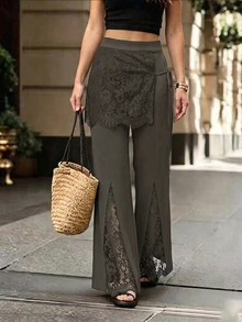 SHEIN Franclia Women Dark Brown Autumn Flare Pants Elegant Romantic Lace Spliced Split Hem High Waist Slim Trousers Club Date Party Evening Outfit - Brown - View 3