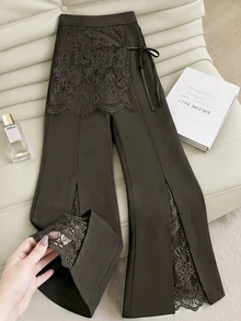 SHEIN Franclia Women Dark Brown Autumn Flare Pants Elegant Romantic Lace Spliced Split Hem High Waist Slim Trousers Club Date Party Evening Outfit - Brown - View 1