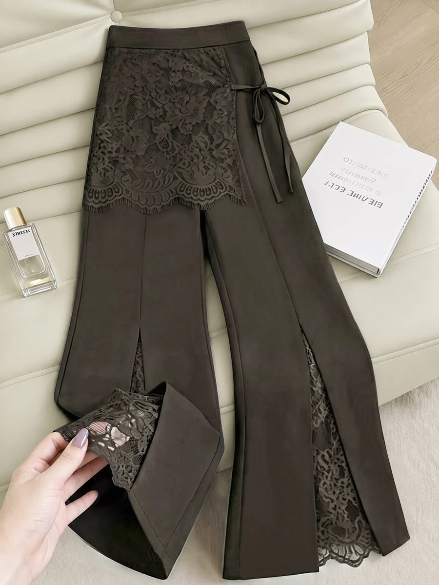 SHEIN Franclia Women Dark Brown Autumn Flare Pants Elegant Romantic Lace Spliced Split Hem High Waist Slim Trousers Club Date Party Evening Outfit - Brown - View 1