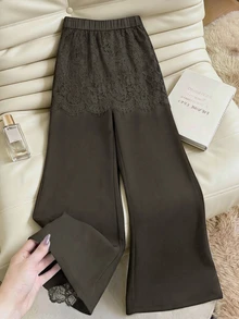 SHEIN Franclia Women Dark Brown Autumn Flare Pants Elegant Romantic Lace Spliced Split Hem High Waist Slim Trousers Club Date Party Evening Outfit - Brown - View 2