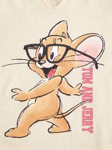 TOM & JERRY X SHEIN 女款字母卡通印花休閒日常短袖T恤 - 粉色 - 查看 4