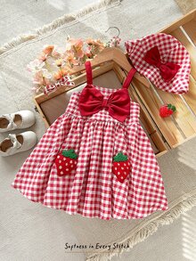 Cozy Pixies 2pcs Baby Girl Strawberry Print Contrast Color Suspender Dress & Hat Set - Red - View 9