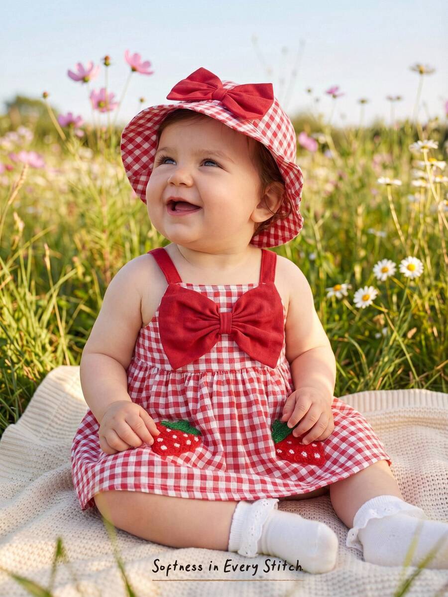 Cozy Pixies 2pcs Baby Girl Strawberry Print Contrast Color Suspender Dress & Hat Set - Red - View 1