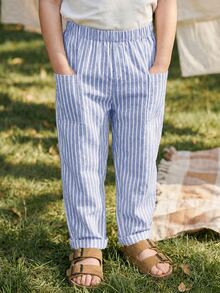 Cozy Pixies Young Boy Colorful Striped Elastic Waist Long Pants Versatile Comfortable - Blue - View 6