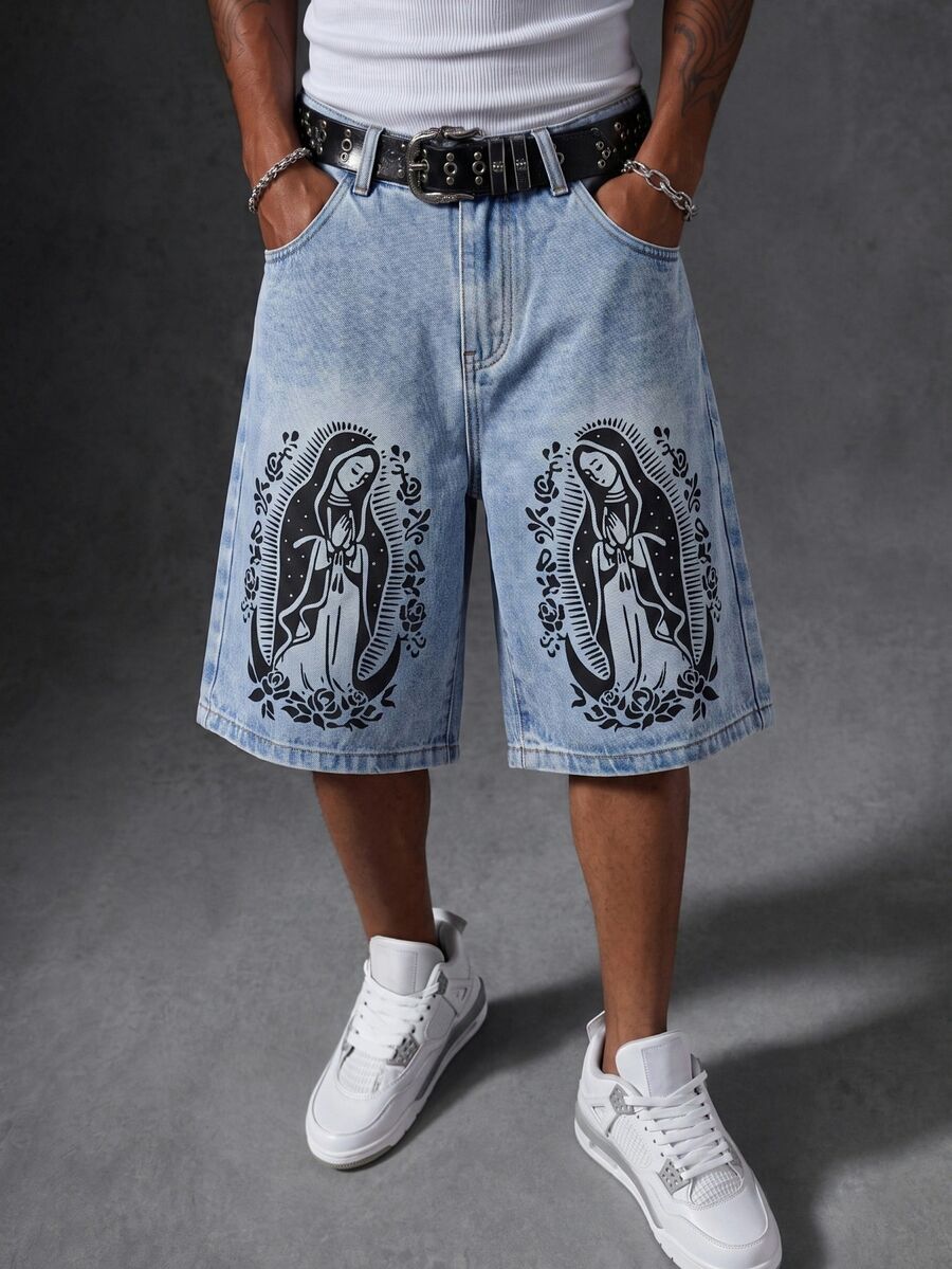 Manfinity EMRG Men's Pocket Button Graphic Casual Versatile Commute Denim Shorts - Light Wash - View 1