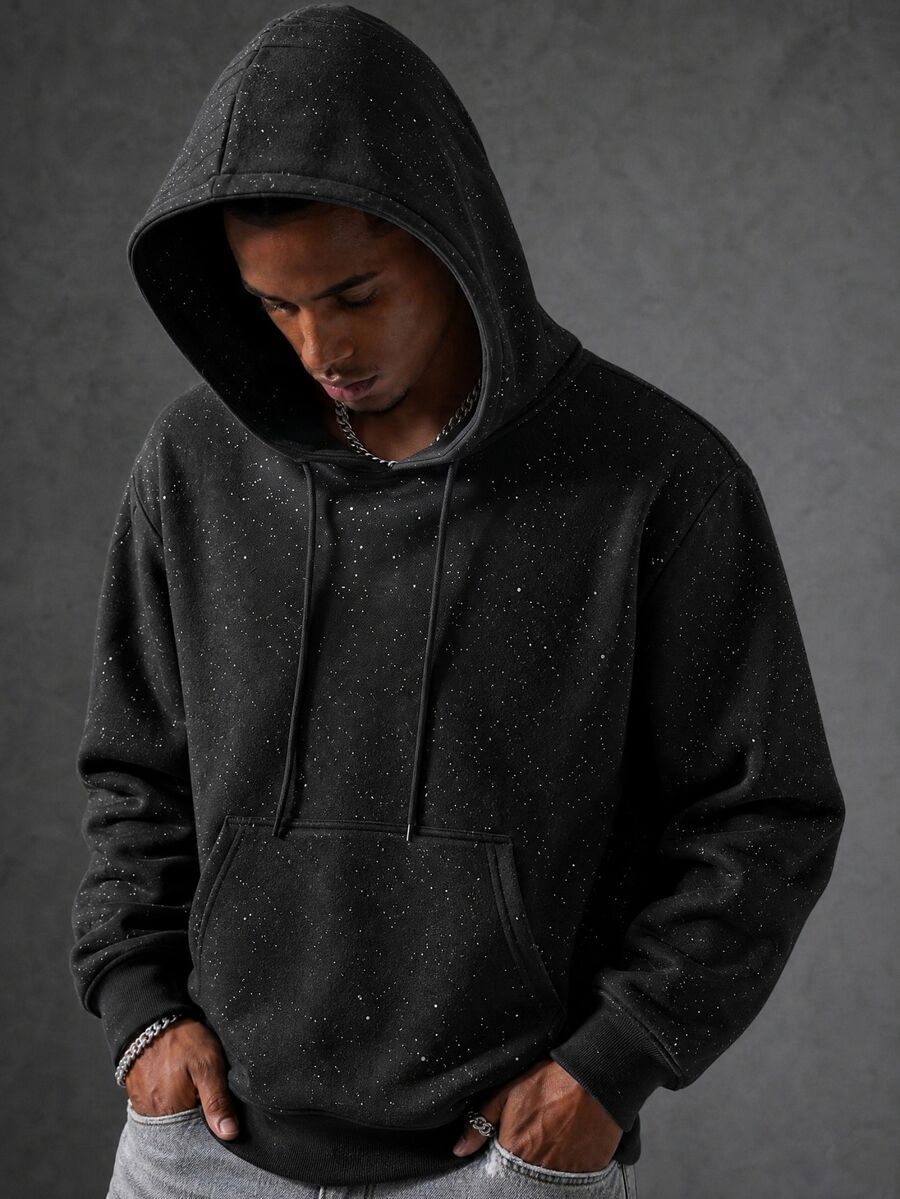 Manfinity EMRG Sudadera con capucha de hombre con lámina de plata versátil y de moda, sudadera con capucha gráfica negra, otoño - Negro - Ver 1