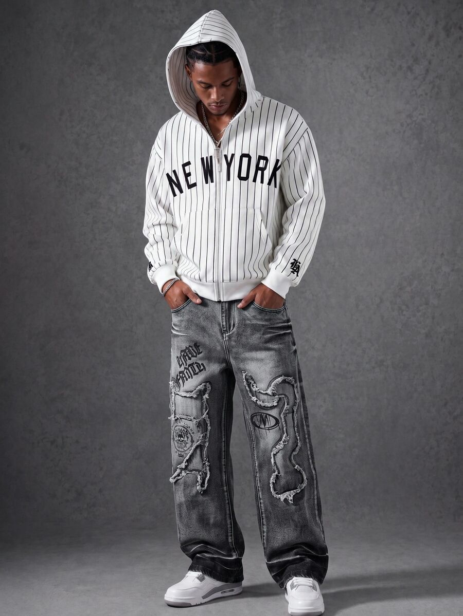 Manfinity EMRG Men's Letter Print Pocket Frayed Hem Loose Fit Casual Jeans - Grey - View 1