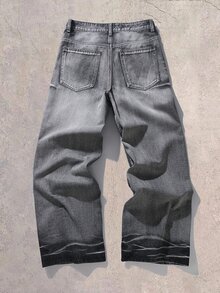 Manfinity EMRG Men's Letter Print Pocket Frayed Hem Loose Fit Casual Jeans - Grey - View 2