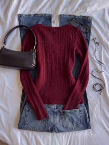 IslaSuriya Women's Solid Color Slim Fit Versatile Casual Long Sleeve Top - Burgundy - View 2