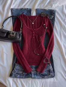 IslaSuriya Women's Solid Color Slim Fit Versatile Casual Long Sleeve Top - Burgundy - View 4