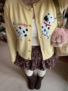 CovetEZ 女款小狗圖案單排扣休閒可愛學院風日常上學長袖針織衫 淡黃色 秋季 - 黃色 - 查看 3