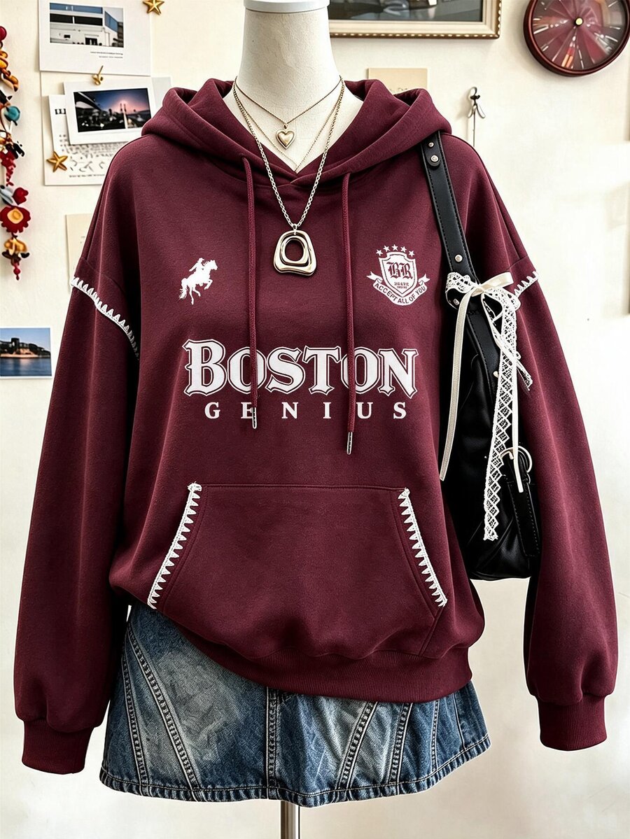 Lalippa 字母多色效果印花貝殼刺繡工藝時尚極簡女款運動衫,送給朋友的禮物 - 酒紅色 - 查看 1