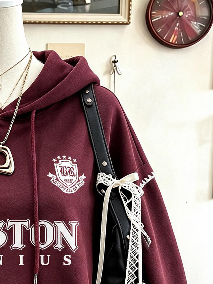 Lalippa Letter Multi-Color Effect Print, Shell Embroidery Craft Fashion Minimalist Women's Sweatshirt, Gift For Friends - Burgundy - View 3