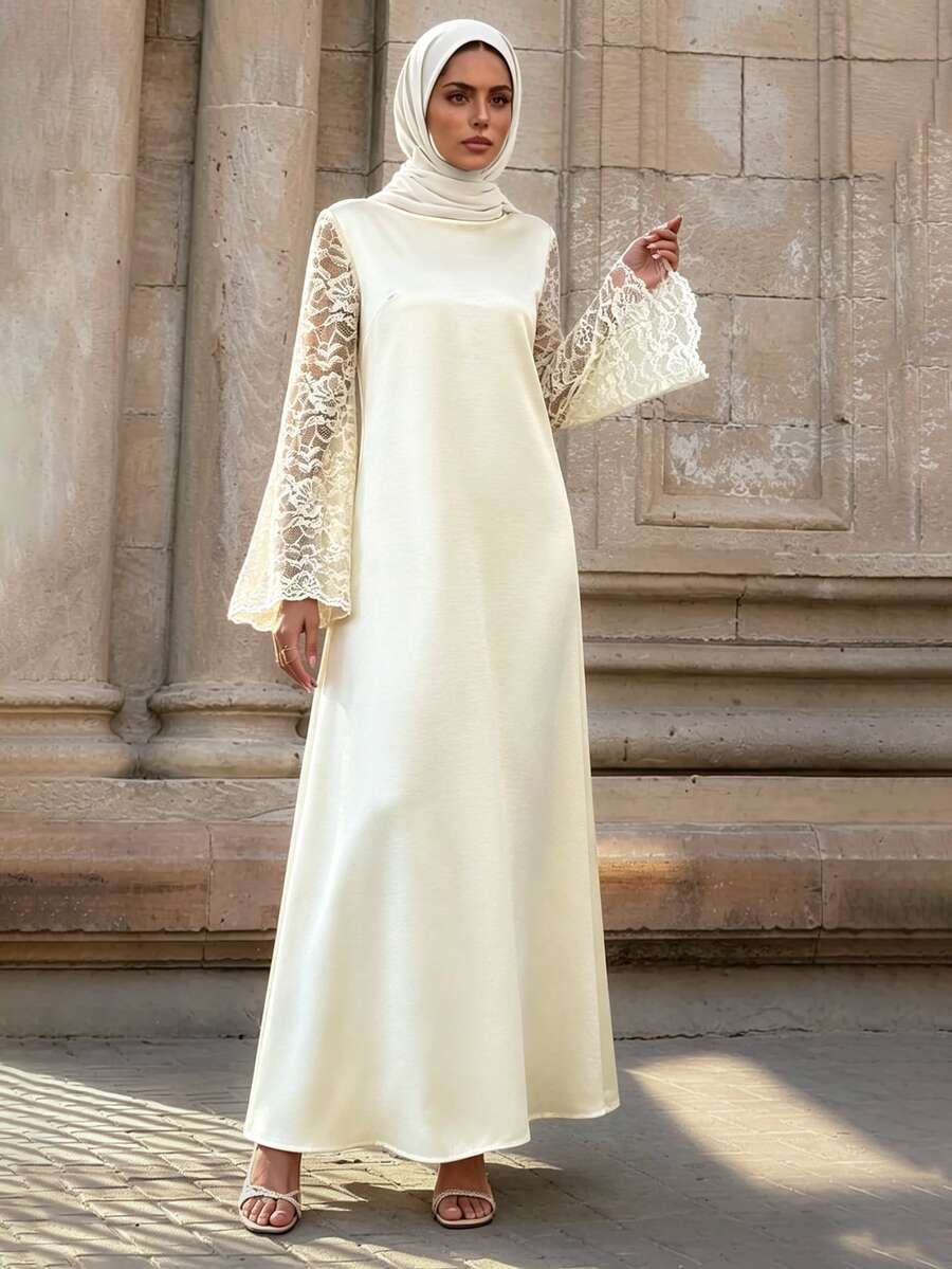 Celisse Women's Round Neck Lace Long Sleeve Patchwork Design Elegant Modest Casual Daily Dinner Outing Solid Color A-Line Long Dress Wedding Off-White Autumn - Apricot - View 1