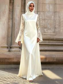 Celisse Women's Round Neck Lace Long Sleeve Patchwork Design Elegant Modest Casual Daily Dinner Outing Solid Color A-Line Long Dress Wedding Off-White Autumn - Apricot - View 4