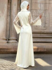 Celisse Women's Round Neck Lace Long Sleeve Patchwork Design Elegant Modest Casual Daily Dinner Outing Solid Color A-Line Long Dress Wedding Off-White Autumn - Apricot - View 2