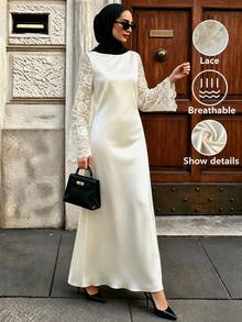Celisse Women's Round Neck Lace Long Sleeve Patchwork Design Elegant Modest Casual Daily Dinner Outing Solid Color A-Line Long Dress Wedding Off-White Autumn - Apricot - View 3
