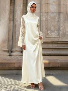 Celisse Women's Round Neck Lace Long Sleeve Patchwork Design Elegant Modest Casual Daily Dinner Outing Solid Color A-Line Long Dress Wedding Off-White Autumn - Apricot - View 5