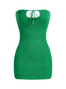 SHEIN ICON 綁帶前方露肩緊身超短迷你裙 - 綠色 - 查看 1