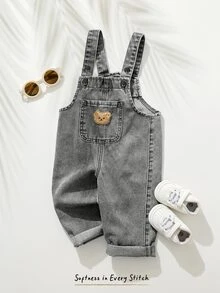 Cozy Pixies Baby Boy Summer Bear Embroidery Pocket Denim Bib Pants - Light Grey - View 5