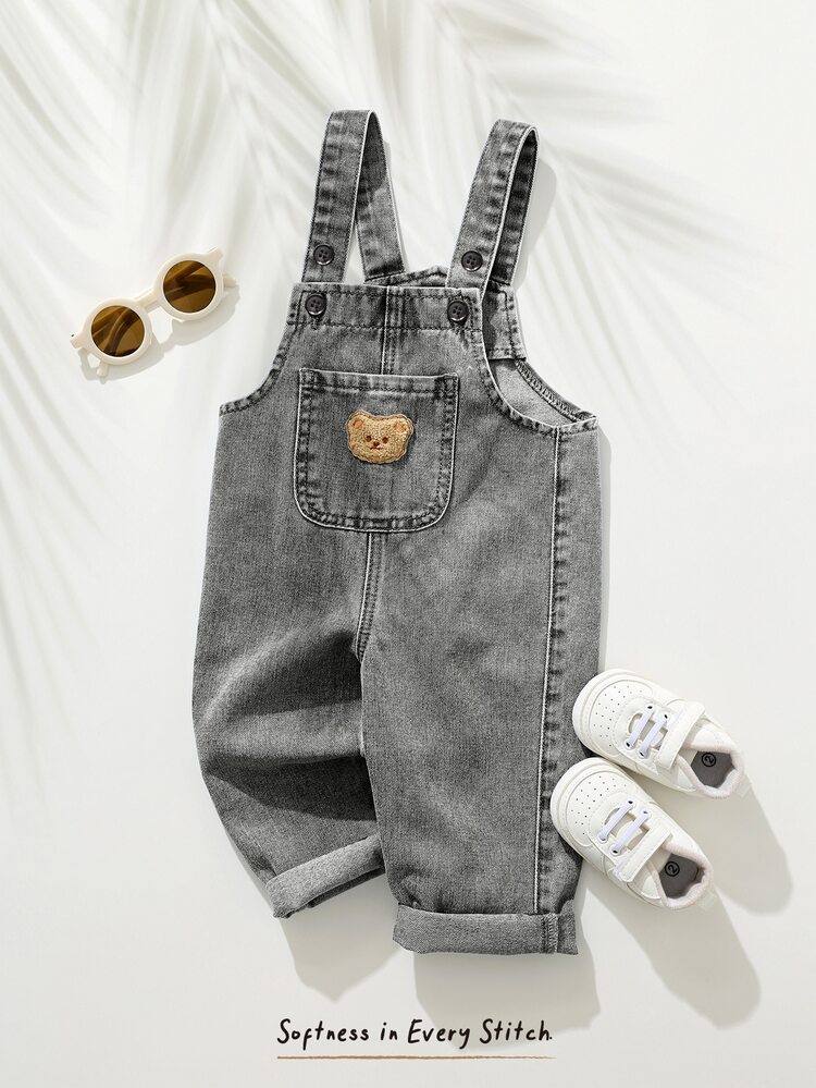 Cozy Pixies Baby Boy Summer Bear Embroidery Pocket Denim Bib Pants - Light Grey - View 5