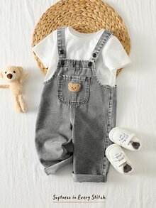 Cozy Pixies Baby Boy Summer Bear Embroidery Pocket Denim Bib Pants - Light Grey - View 2