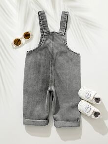 Cozy Pixies Baby Boy Summer Bear Embroidery Pocket Denim Bib Pants - Light Grey - View 3